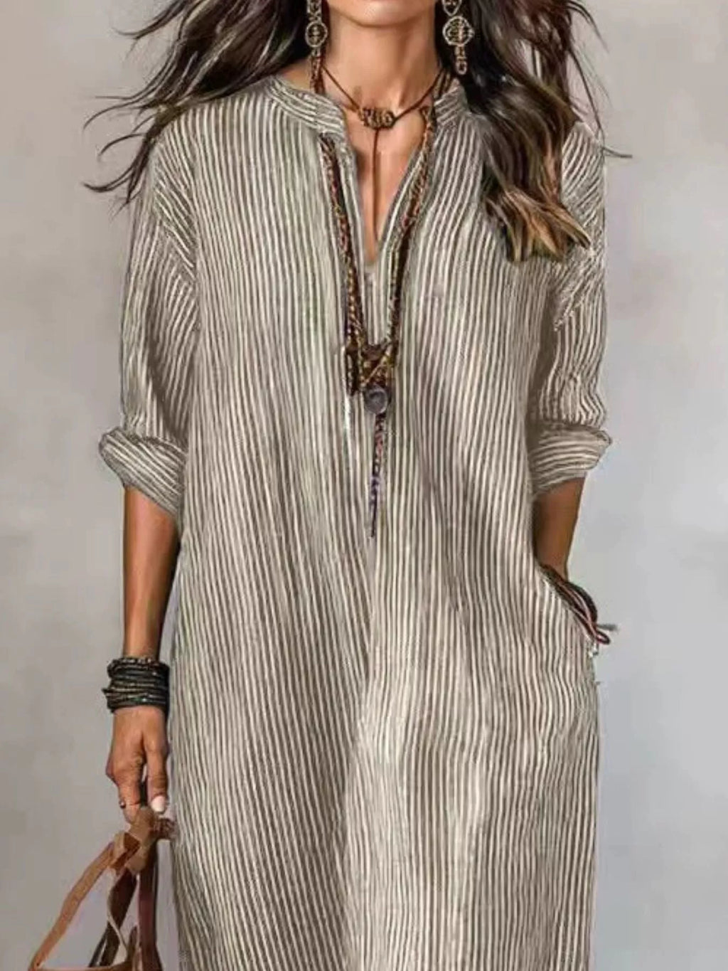 Full Size Striped Notched Maxi Dress with Pockets Plus Size