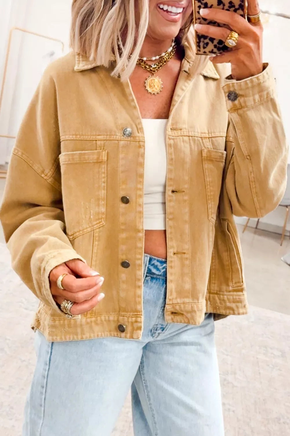 Metal Button Front Long Sleeve Collar Denim Jacket