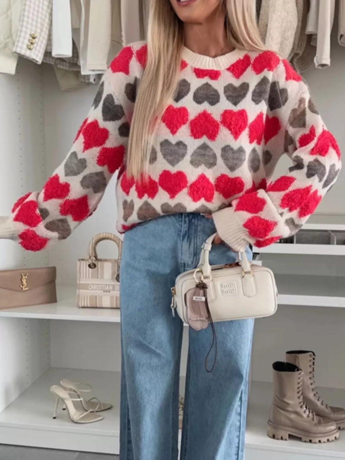 Heart-Patterned Round Neck Sweater