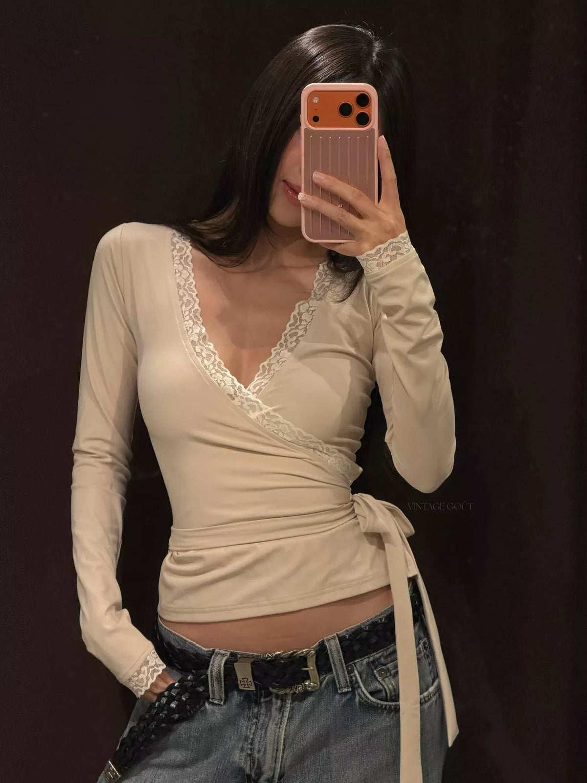 Lace-Trimmed Long Sleeves Wrap Blouse