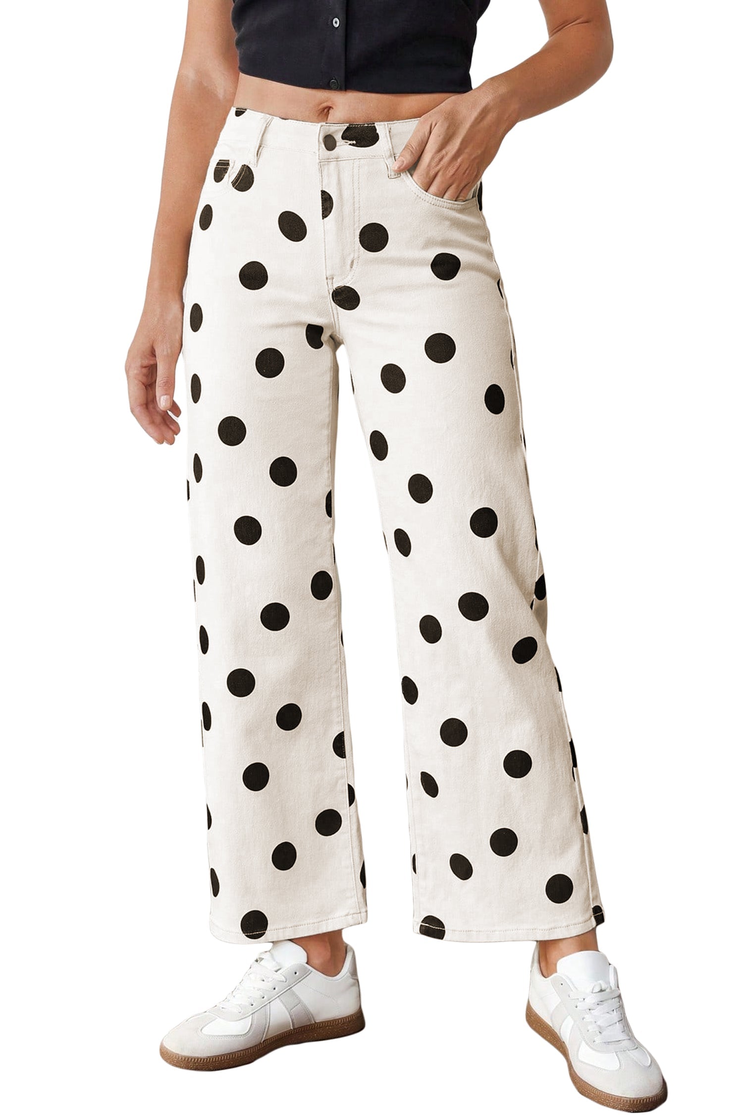 White Polka Dot Print Wide Leg Ankle-Length Jeans