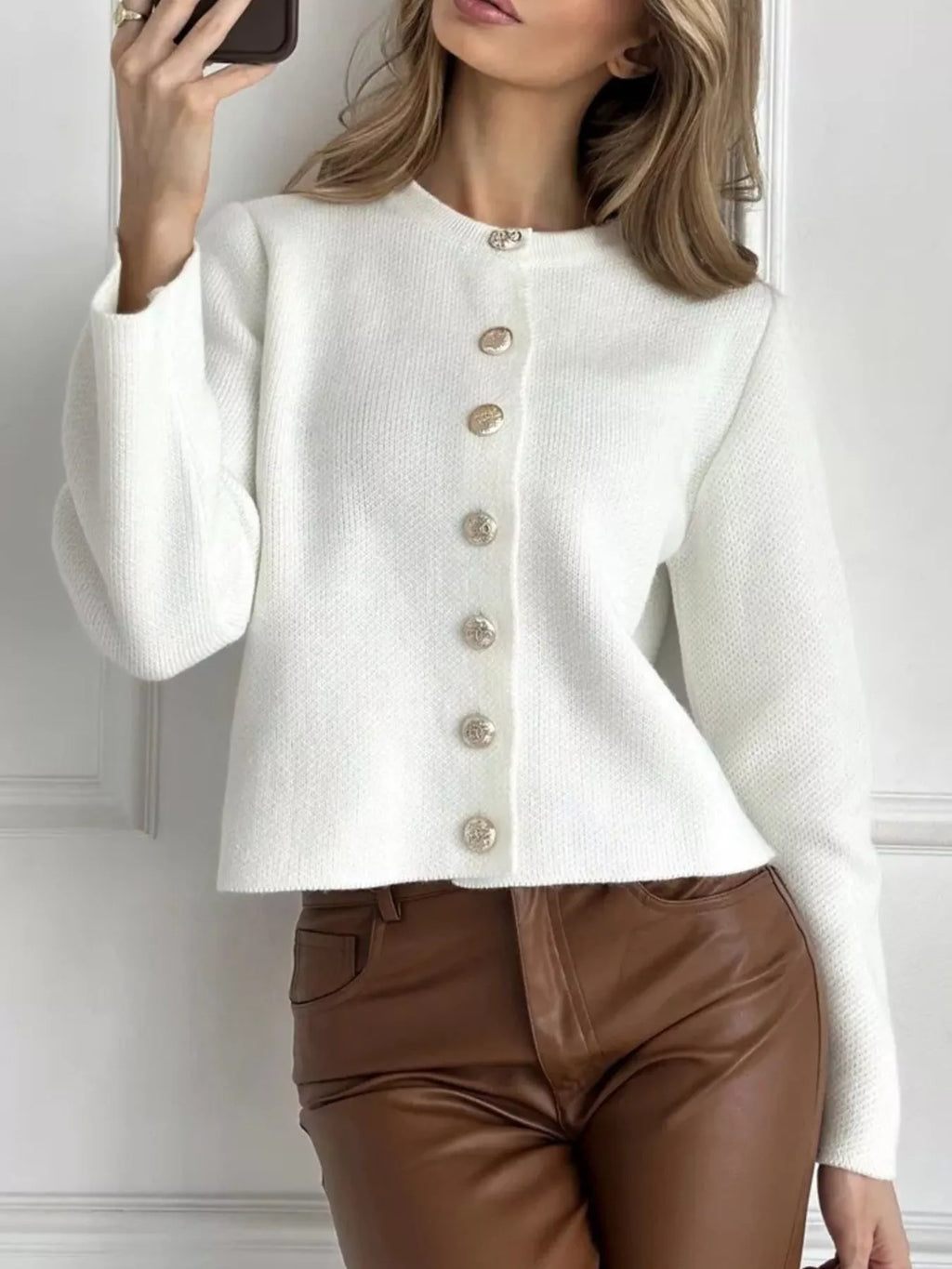 Crew-Neck Button Down Cardigan