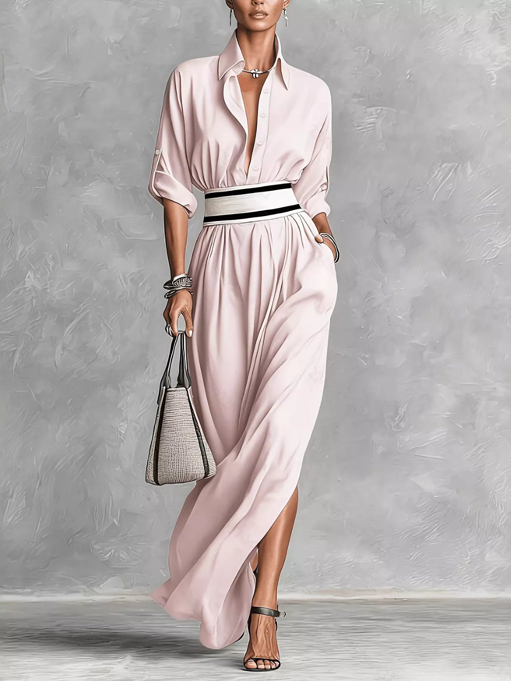Slit Roll-Up Sleeve Maxi Dress