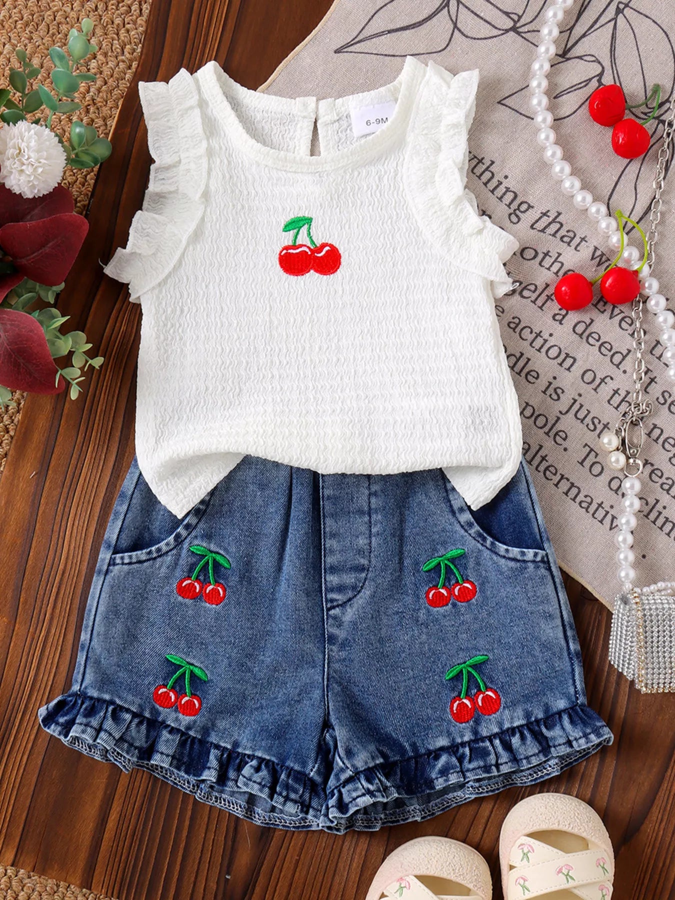 Children's Cherry Embroidered Top and Denim Shorts Set