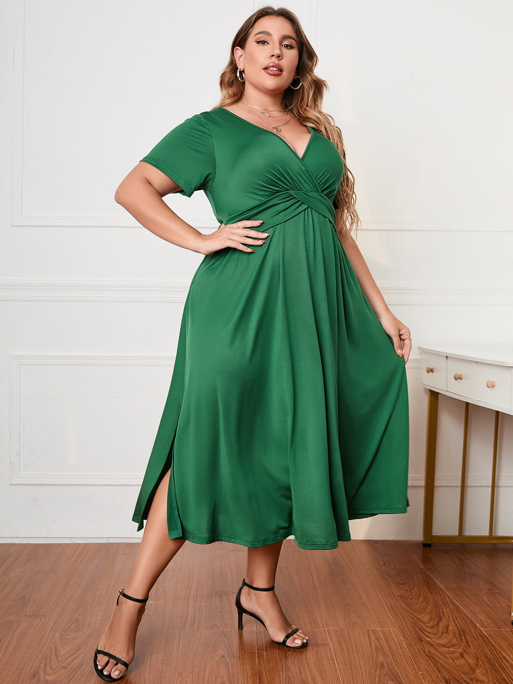 Short Sleeve Surplice Neck Midi Dress