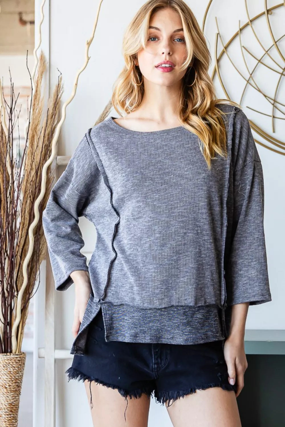 Boat Neck Exposed Seam Top with Side Slits
