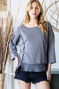 Boat Neck Exposed Seam Top with Side Slits