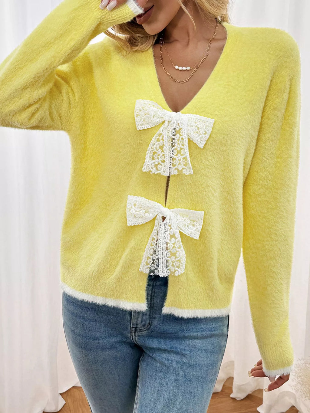 Lace Bow-Tie Front Long Sleeve Cardigan