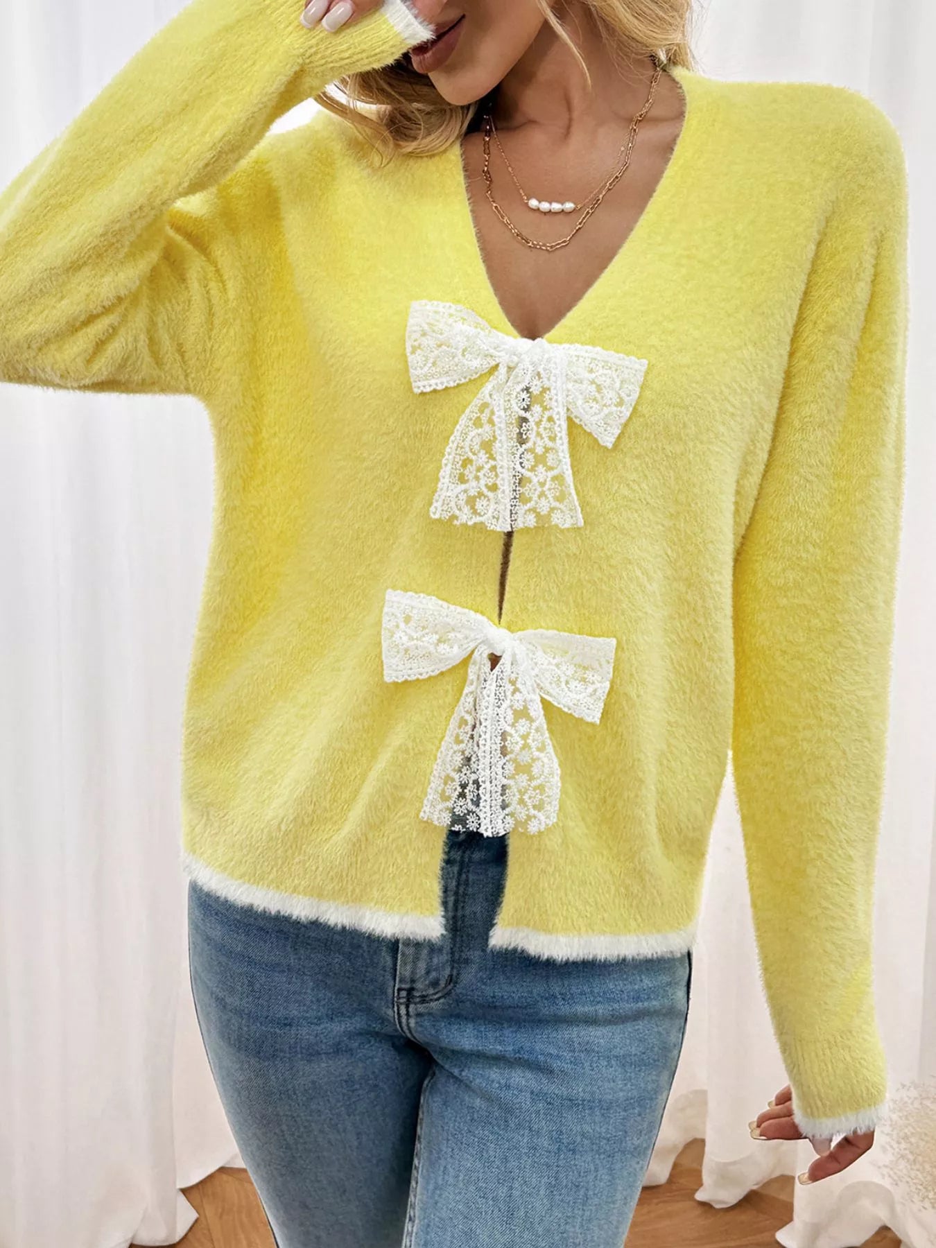 Lace Bow-Tie Front Long Sleeve Cardigan