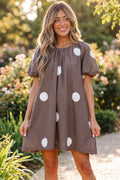 Brown Polka Dot Print Knot Back Short Puff Sleeve Loose Mini Dress