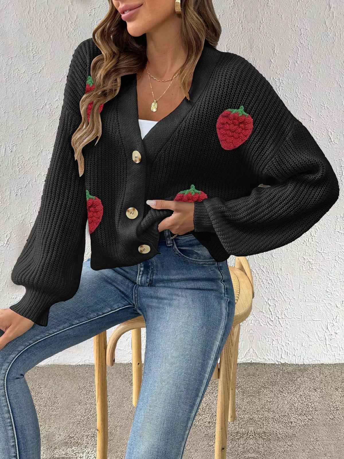 Strawberry Applique Button Up Cardigan