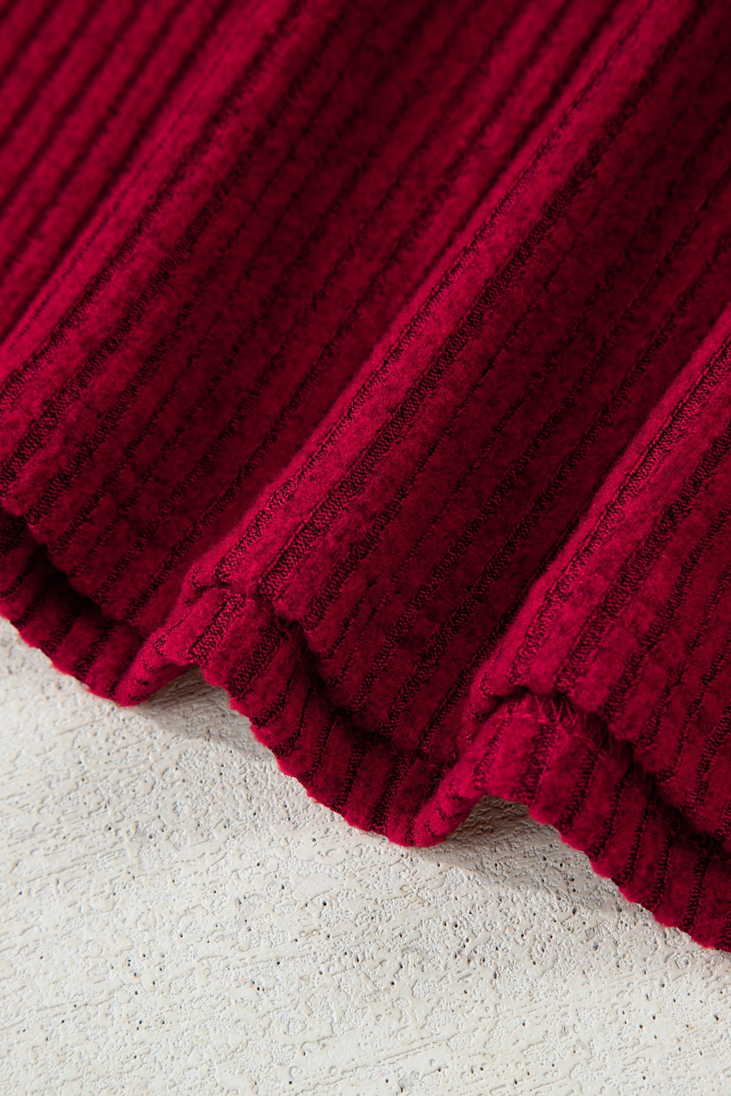 Racing Red Ribbed V Neck Contrast Ribbon Bow Back Drop Shoulder Long Sleeve Top
