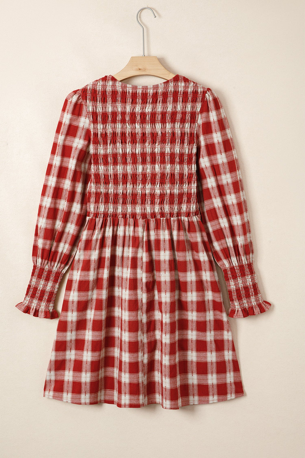 Red Plaid Print Smocked Puff Sleeve Mini Dress