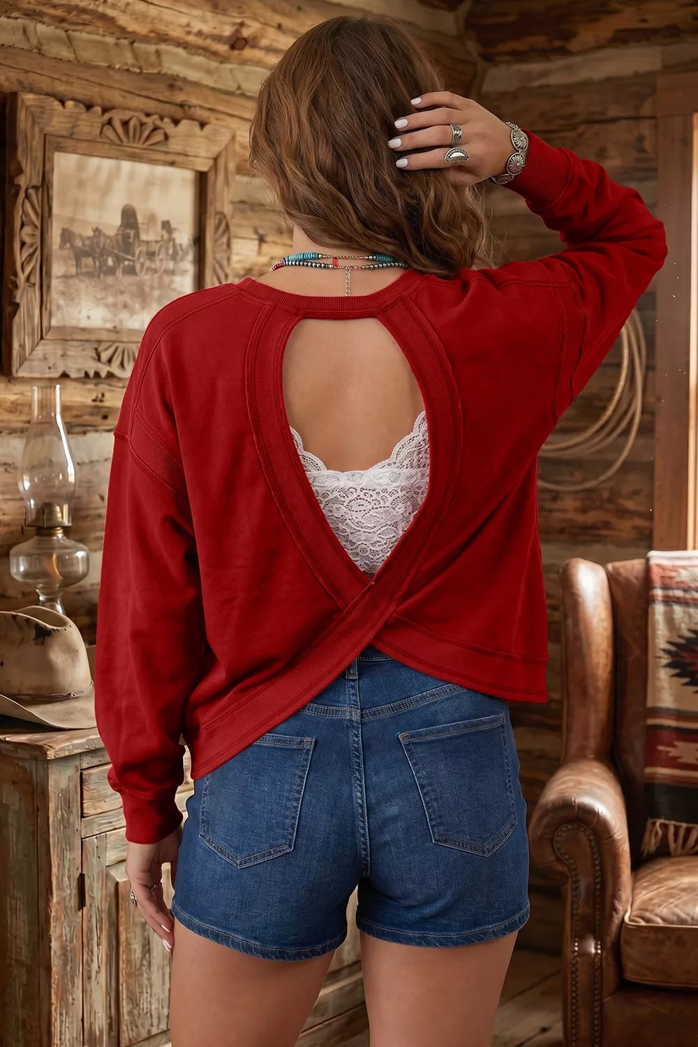 Ribbed Detail Drop Shoulder Cutout Back Sweatshirt