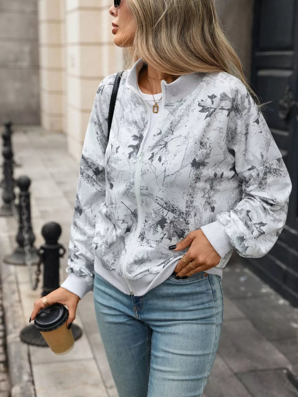 Printed Zip Up Long Sleeve Sweatshirt