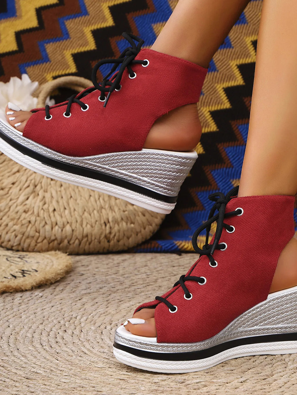 Lace Up Open Toe Wedge Sandals
