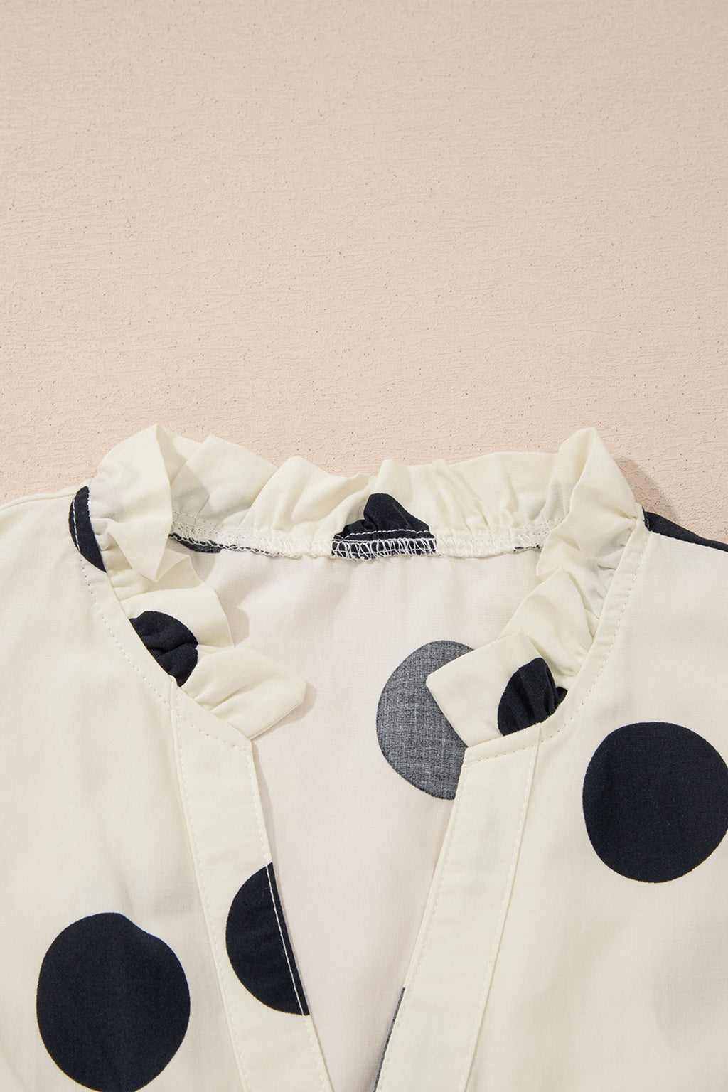 Apricot Casual Polka Dot V-Neck Ruffle Short Sleeve Shift Blouse
