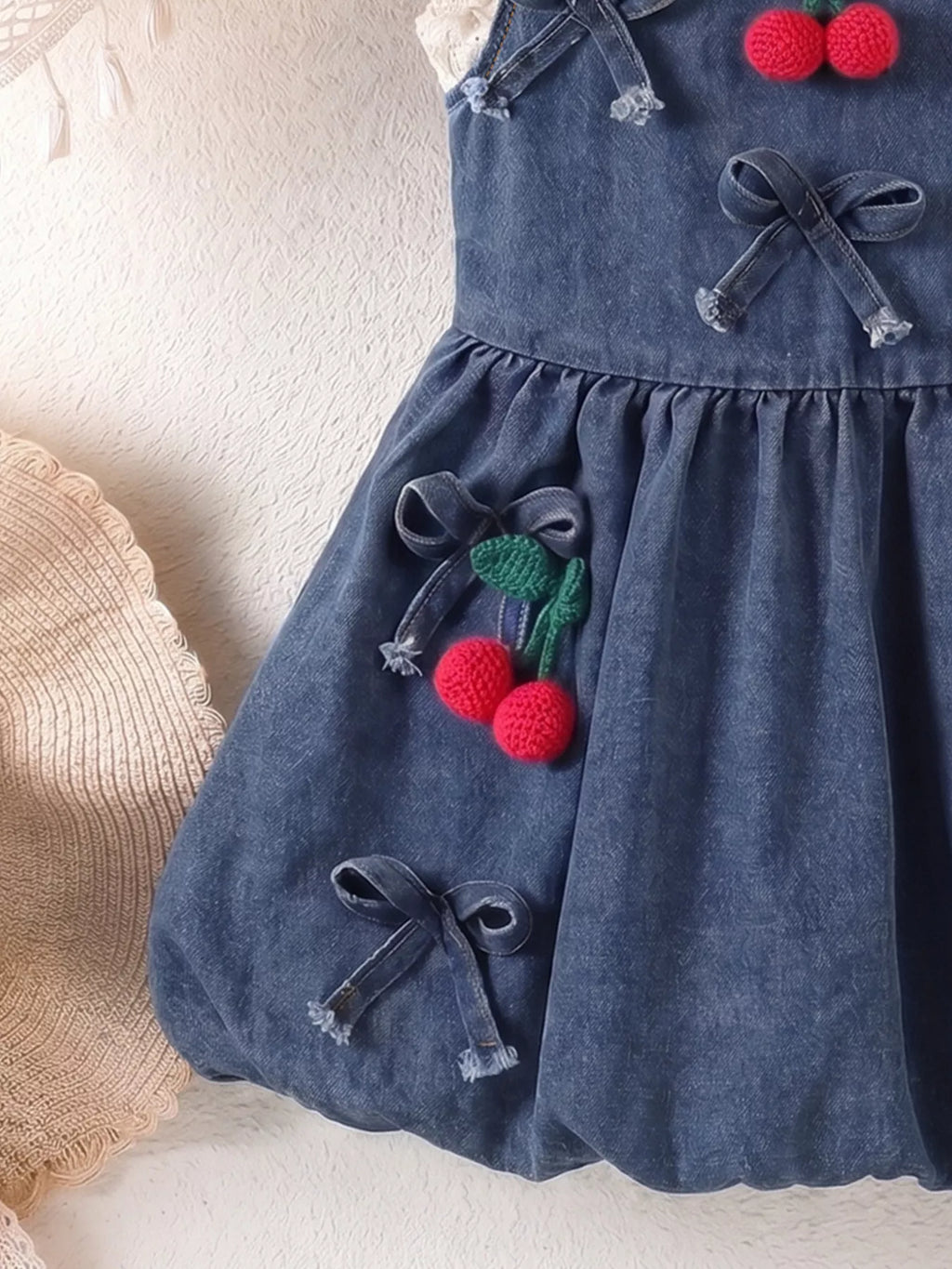 Children's Denim Cherry Applique Dress with Lace Trim