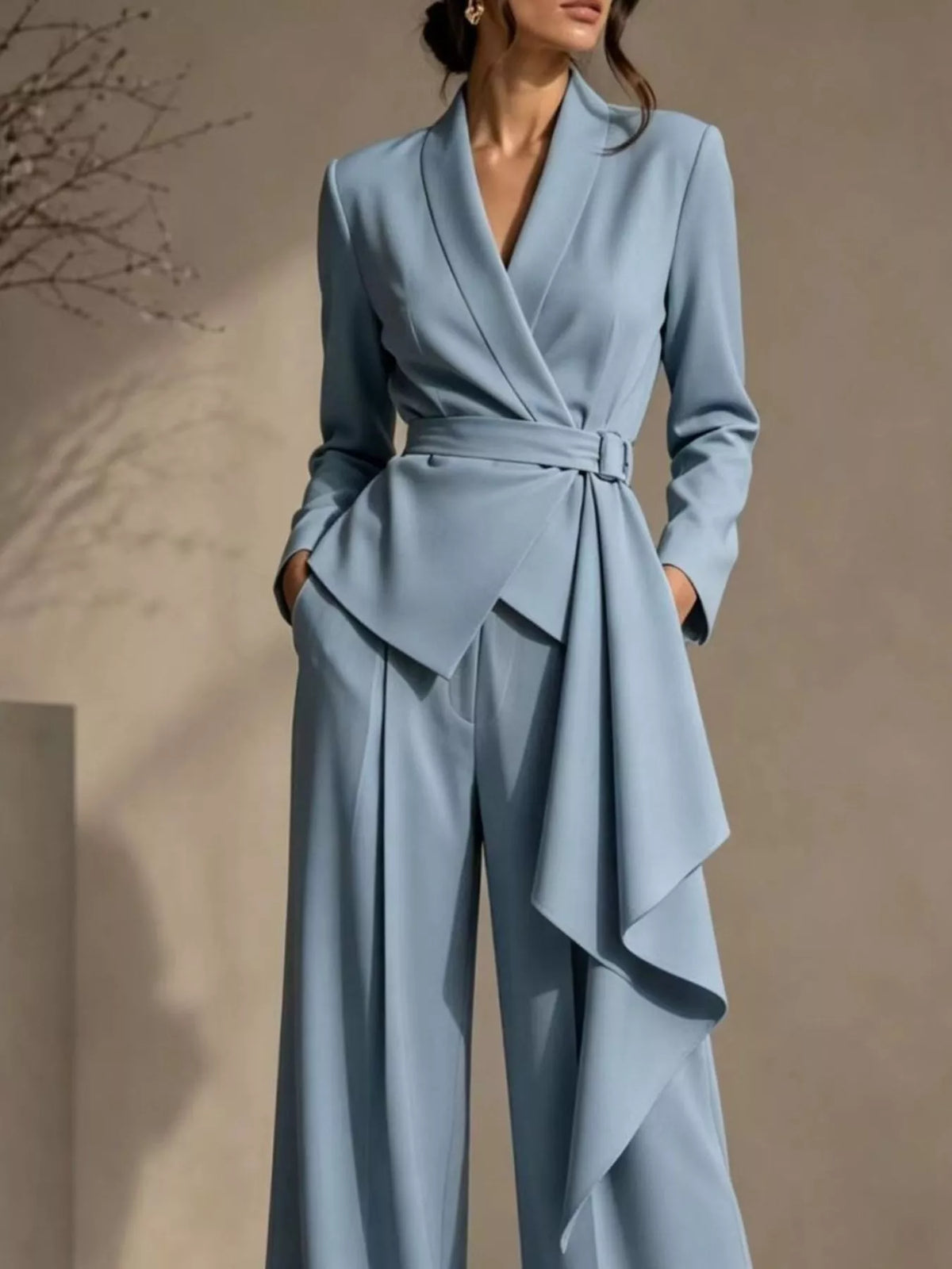 Full Size Belted Blazer and Wide-Leg Pants Set Plus Size