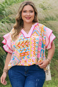 Rose Plus Size Geometric Print Contrast Trim Striped V Neck Blouse