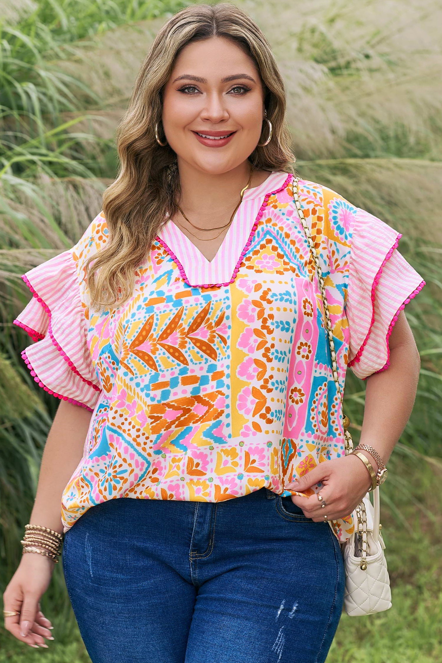 Rose Plus Size Geometric Print Contrast Trim Striped V Neck Blouse