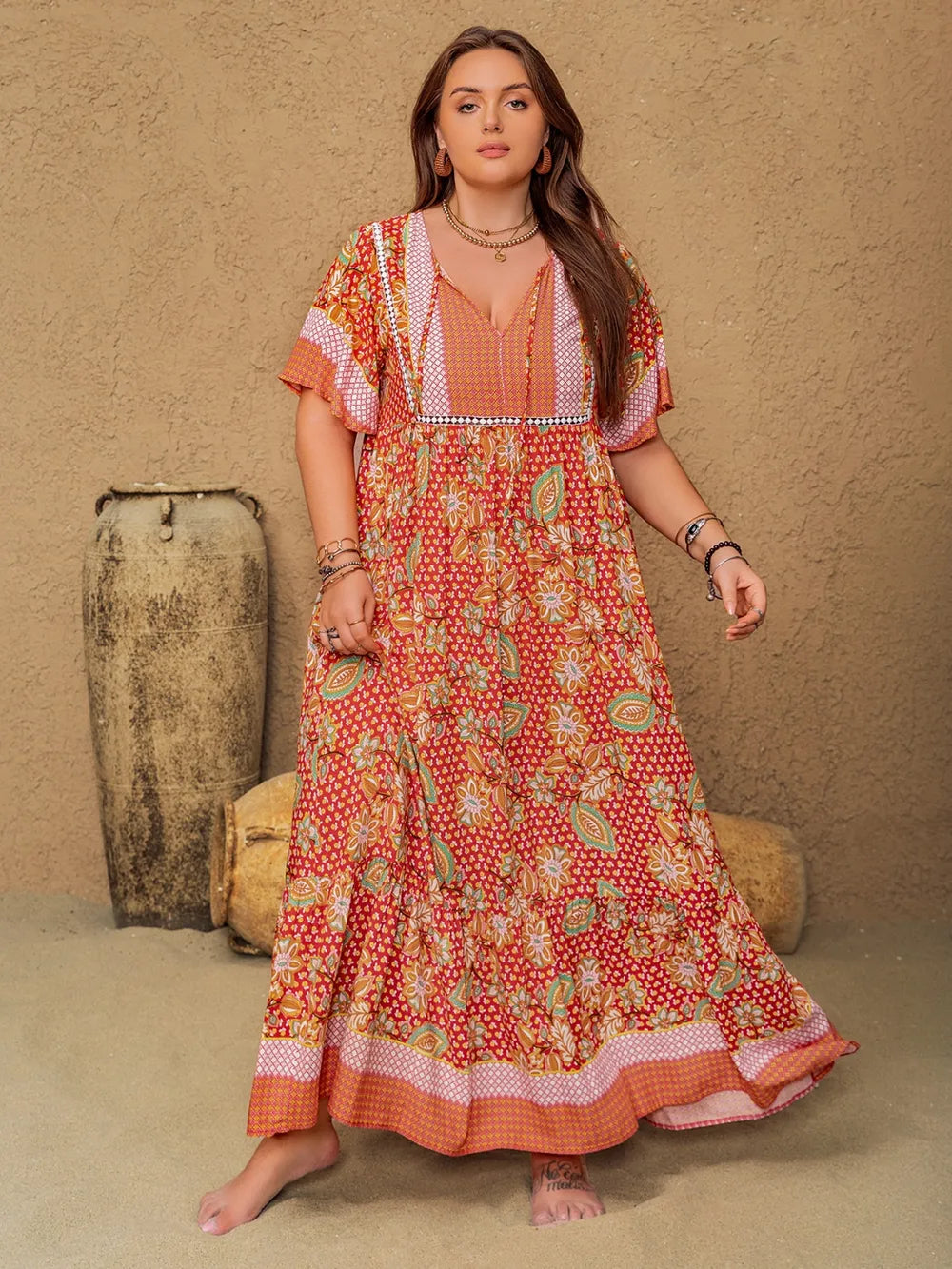 Printed Tie Neck Flutter Sleeve Maxi Dress