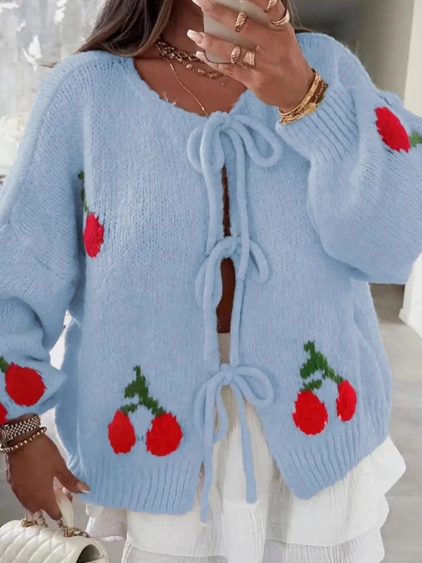 Cherry Pattern Tie-Front Oversized Cardigan