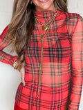Sheer Plaid Mock Neck Long Sleeve Blouse