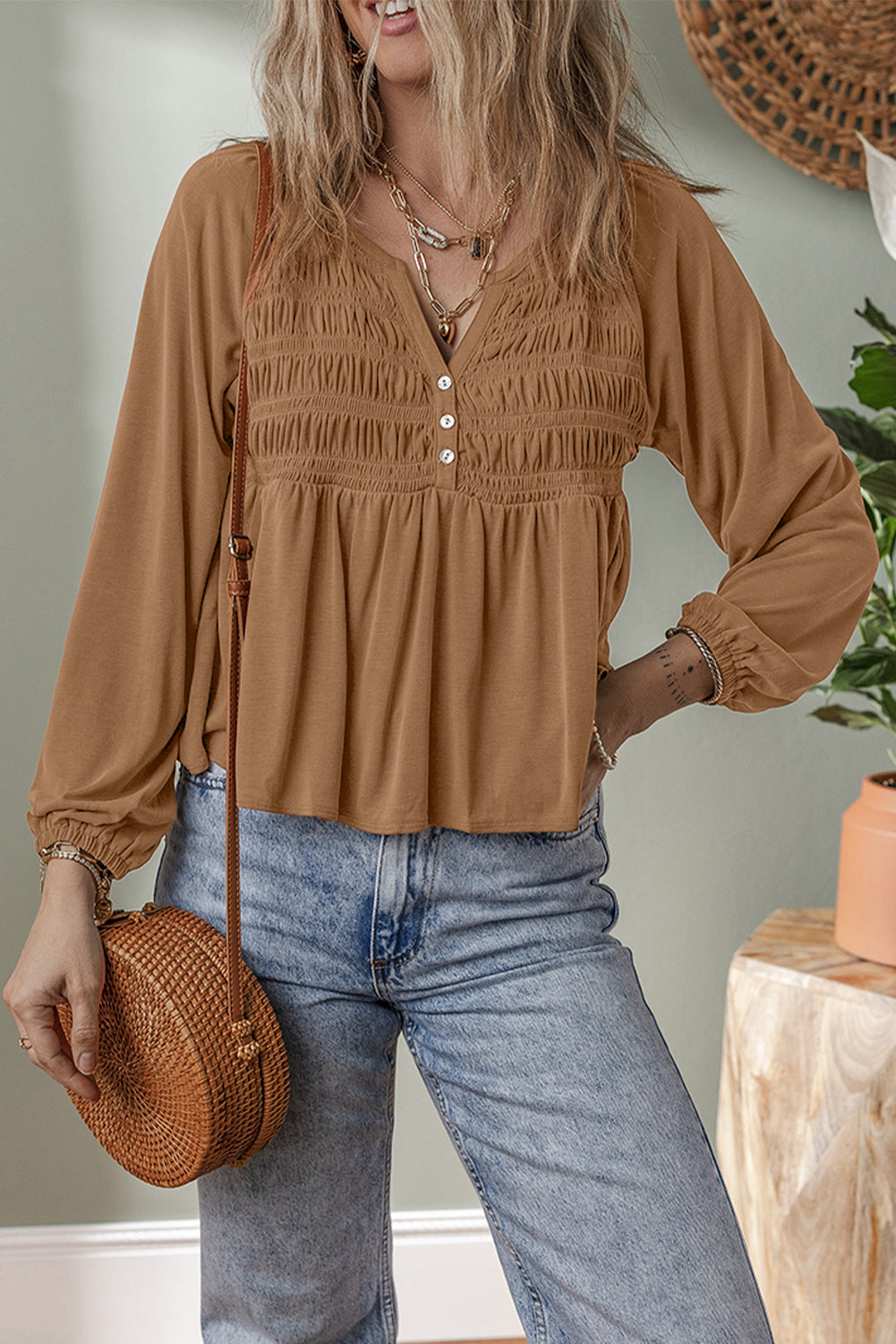 Solid Smocked Split V-Neck Buttoned Blouse