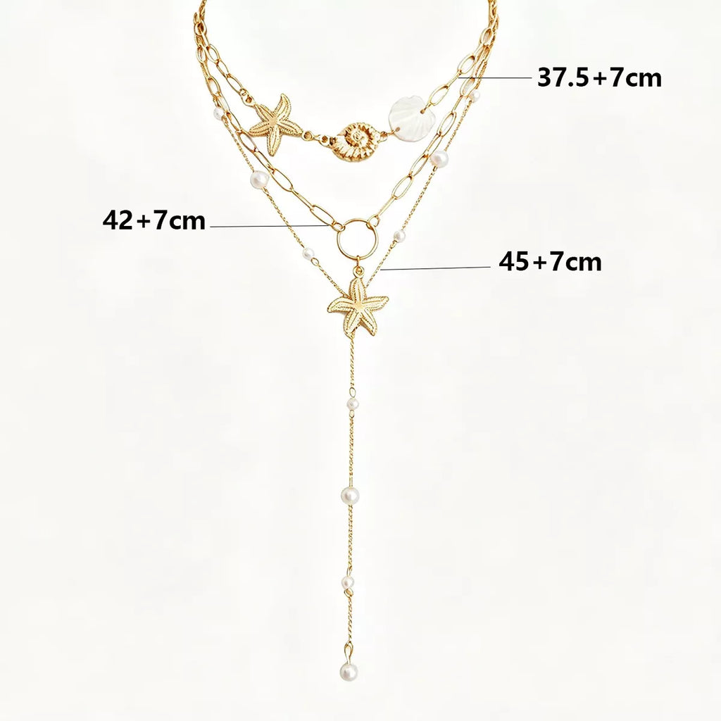3-Piece Bohemian Layered Starfish and Shell Necklace