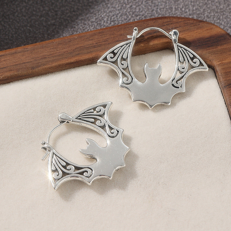 Vintage Bat Hoop Earrings Silver Tone Brass Women Gothic Halloween Party Statement Fashion Jewelry Unique