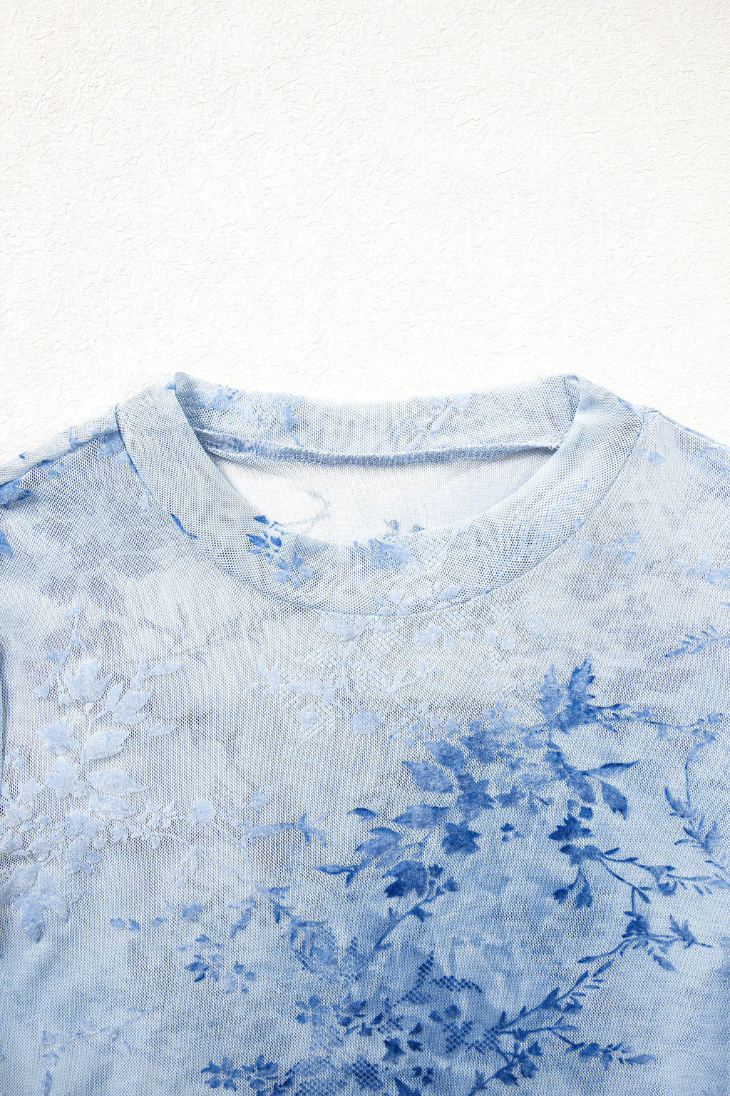 Sky Blue Sheer Mesh Floral Printed Mock Neck Long Sleeve Bodysuit