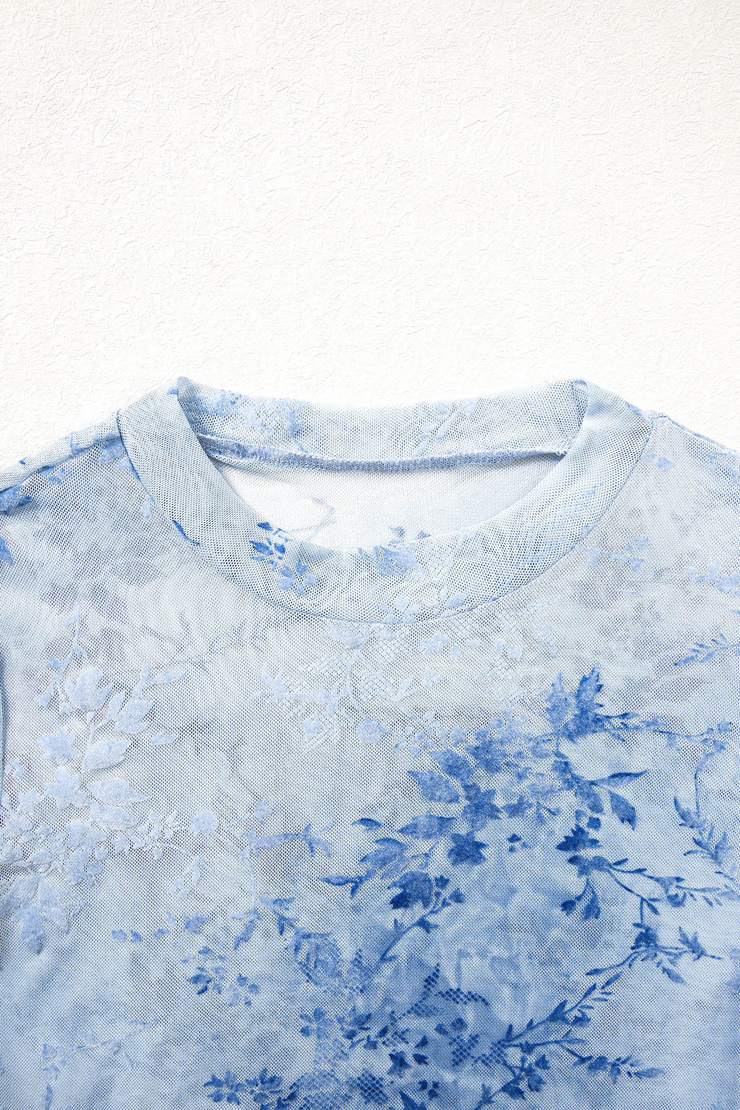 Sky Blue Sheer Mesh Floral Printed Mock Neck Long Sleeve Bodysuit