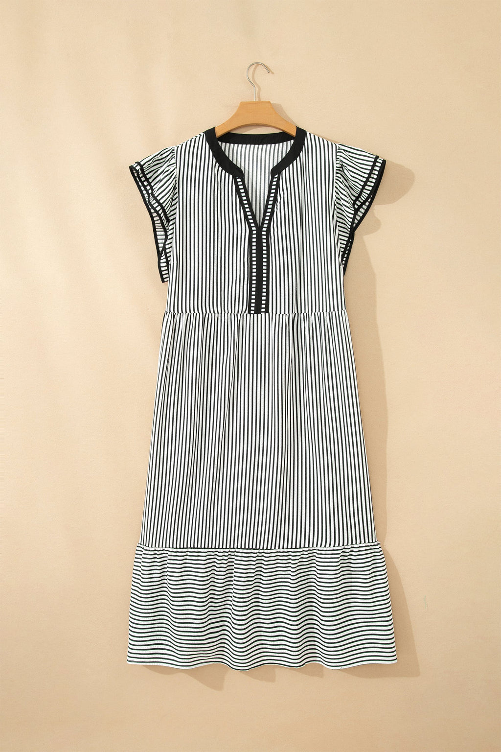 Black Stripe Plus Size Slit V Neck Tiered Flutter Sleeve Maxi Dress