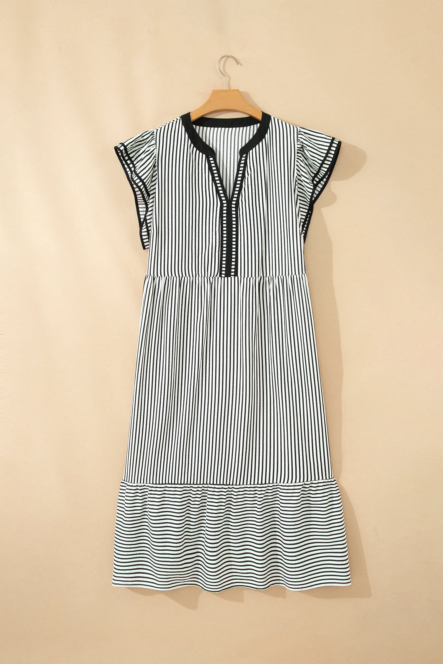 Black Stripe Plus Size Slit V Neck Tiered Flutter Sleeve Maxi Dress