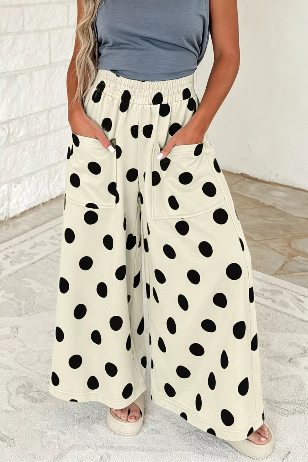 Polka Dot Wide Leg Elastic Waist Casual Pants