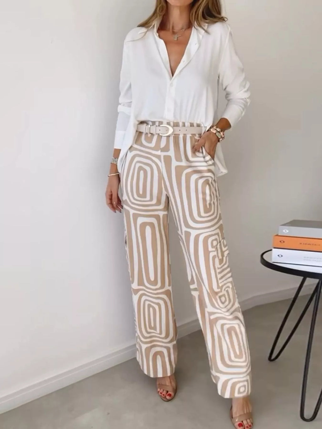 Full Size Chic Button-Down Shirt and Geometric Wide-Leg Pants Set Plus Size