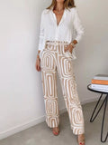 Full Size Chic Button-Down Shirt and Geometric Wide-Leg Pants Set Plus Size