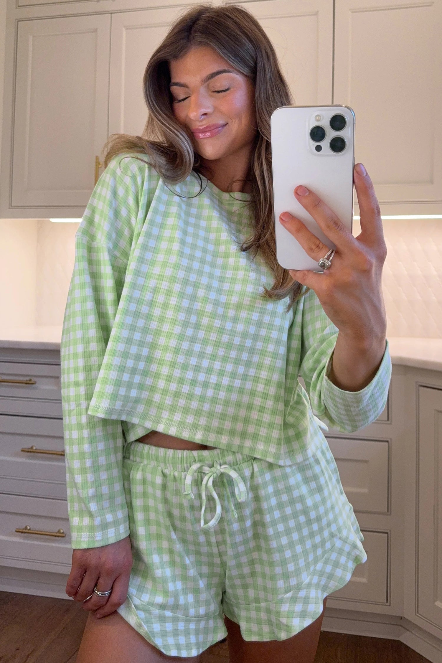 Green Gingham Long Sleeve Loose Top Drawstring Shorts 2pcs Lounge Set