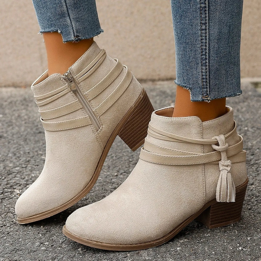 Tassel Point Toe Block Heels Boots
