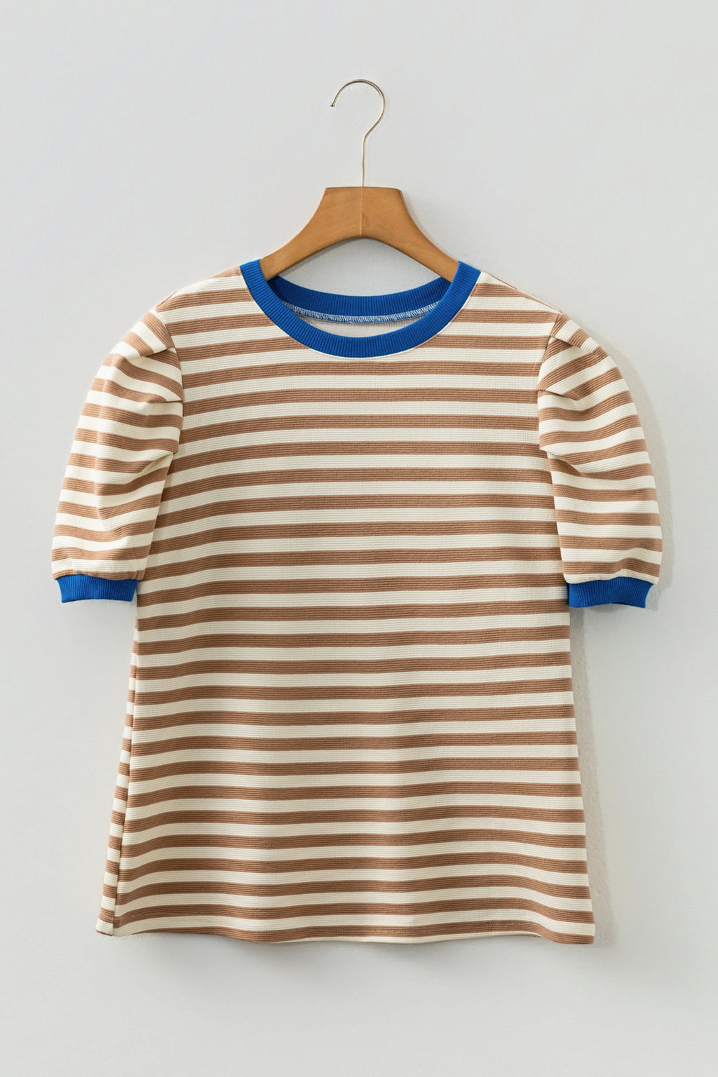 Brown Stripe Short Puff Sleeve Contrast Trim Round Neck Tee