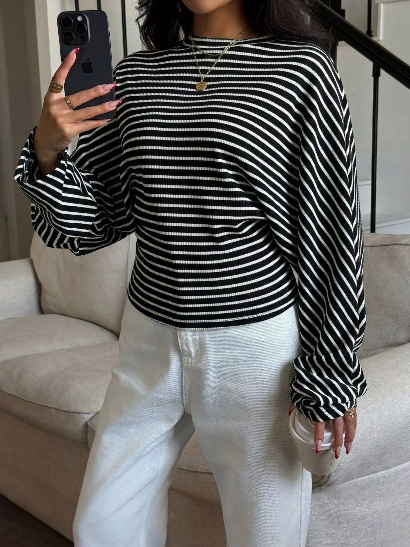 Casual Striped Batwing Sleeve T-Shirt
