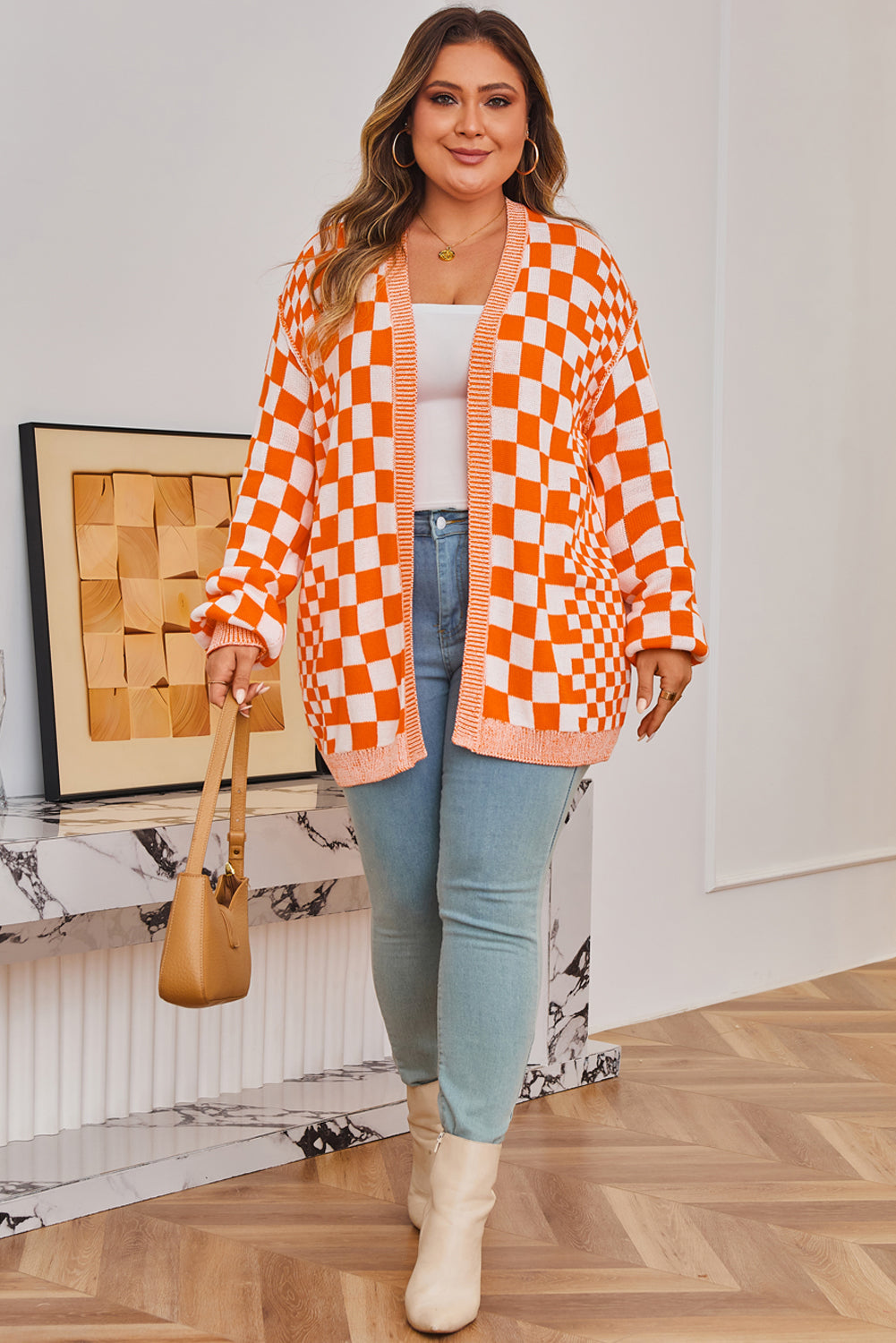 Plus Size Checker Drop Shoulder Open Front Cardigan
