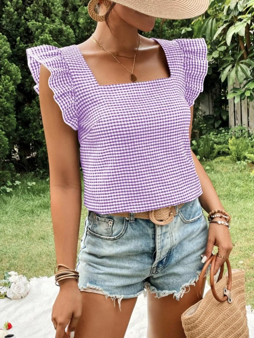 Gingham Ruffle Sleeve Square Neck Blouse