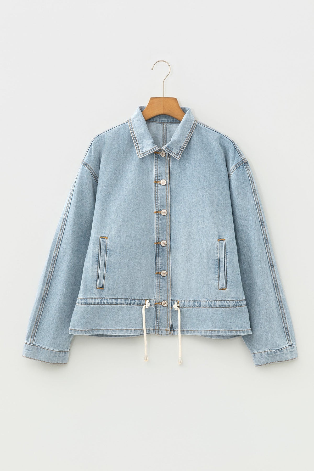 Light Wash Denim Drawstring Hem Buttoned Jacket