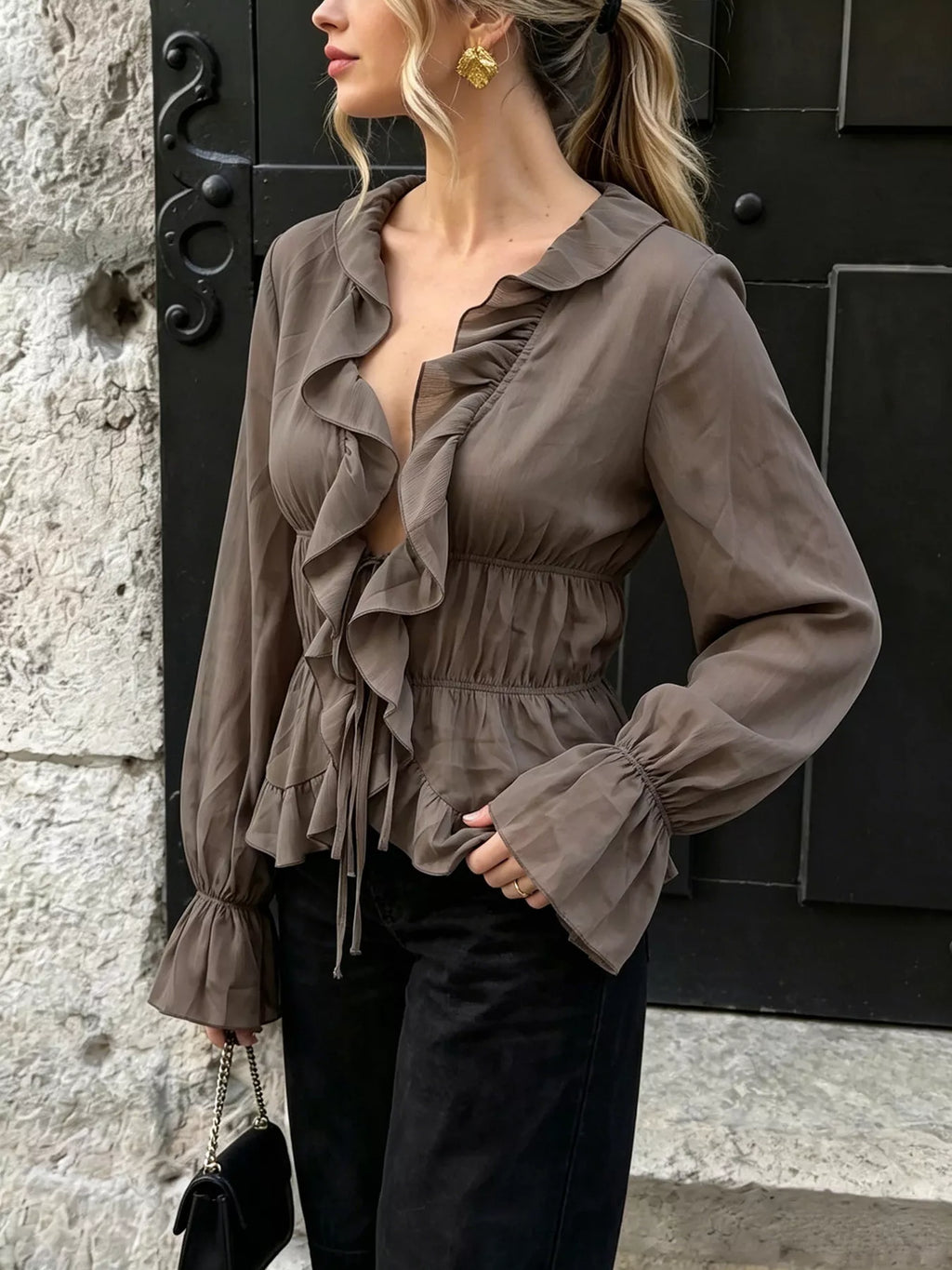 Ruffled V-Neck Long Sleeve Blouse