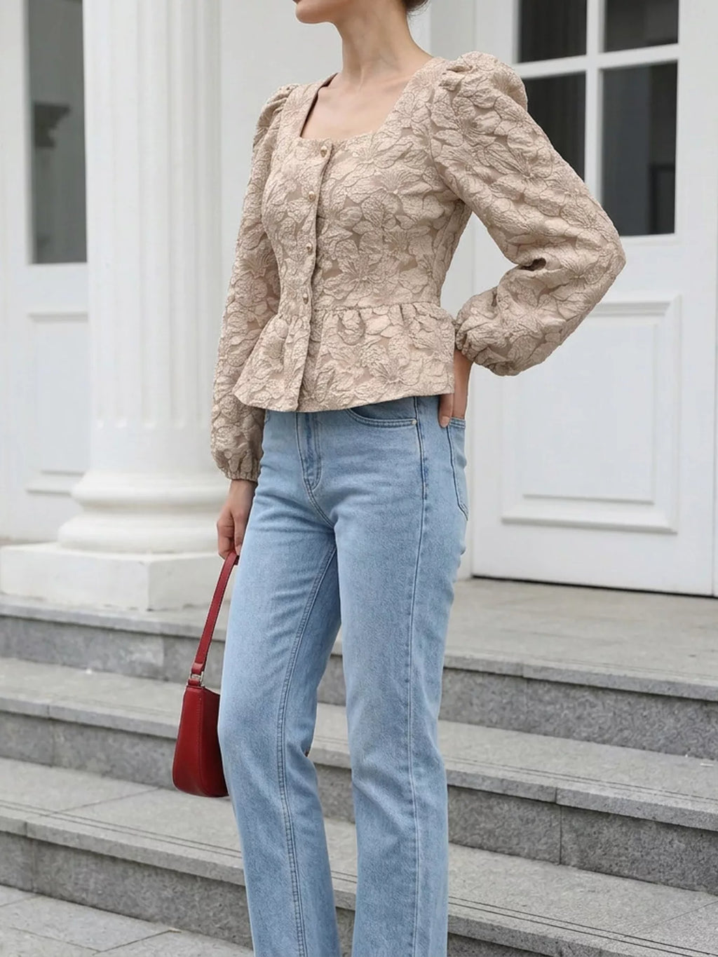 Square Neck Textured Peplum Blouse