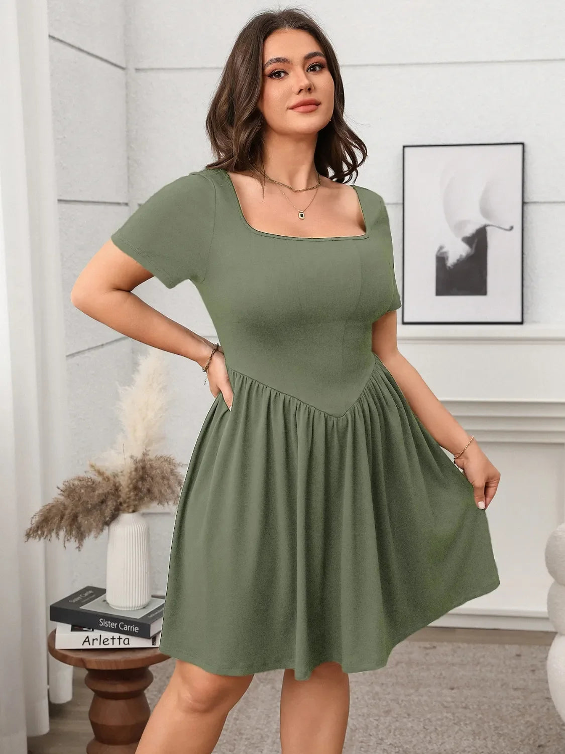 Square Neck Short Sleeve Mini Dress