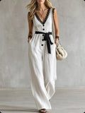 Lace Trim Sleeveless Wide Leg Jumpsuit