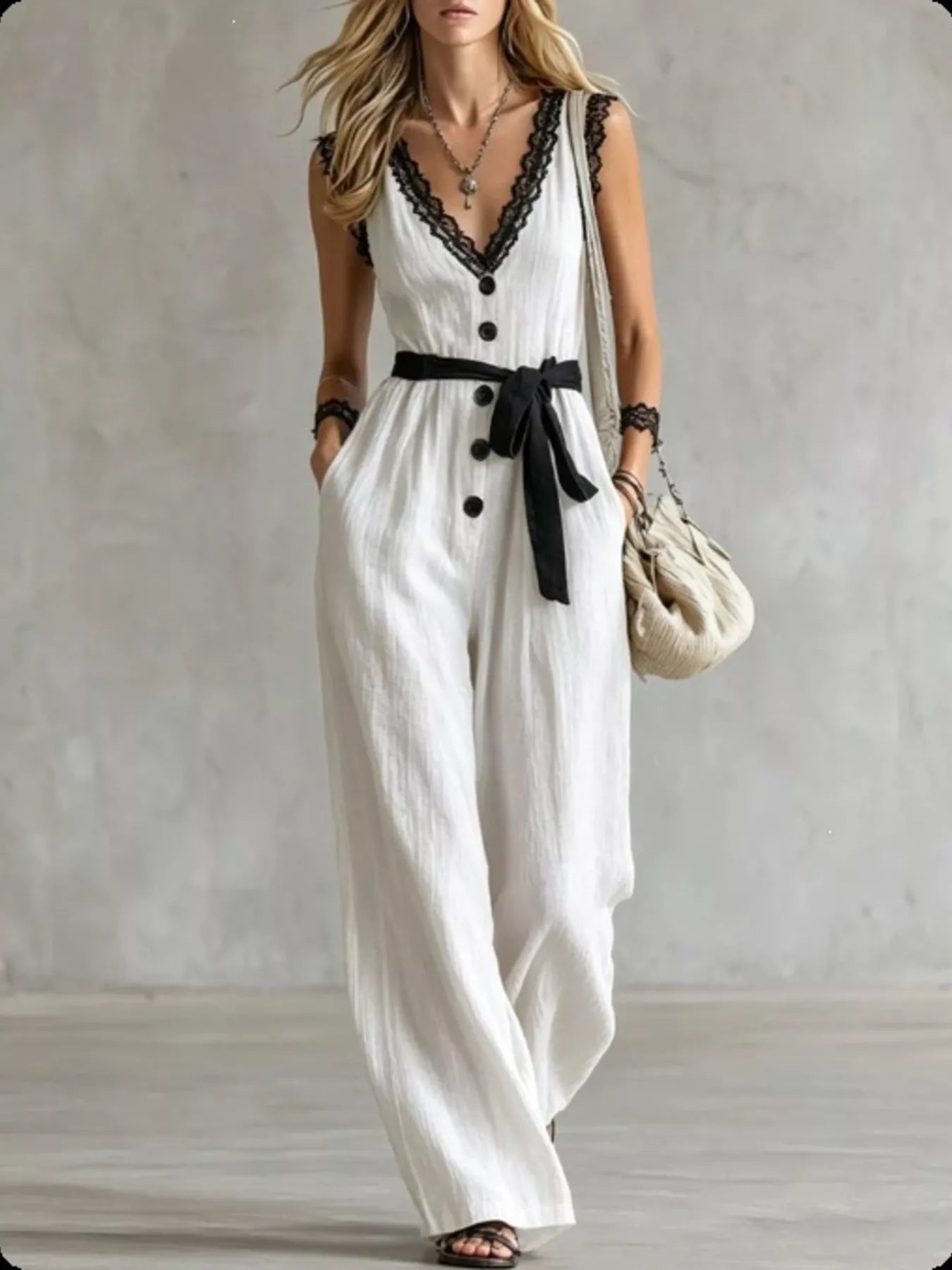 Lace Trim Sleeveless Wide Leg Jumpsuit